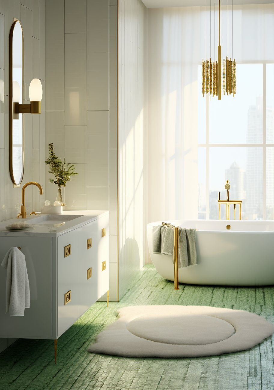 A white modern bathroom with gold acessories green floor and a rug in green 