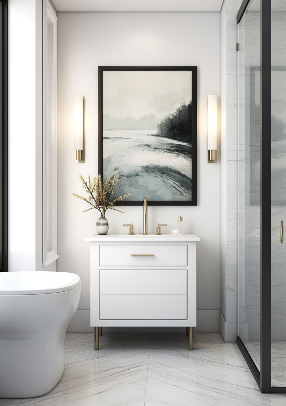 a white modern Art Deco vanity unit in a bathroom with a framed art print