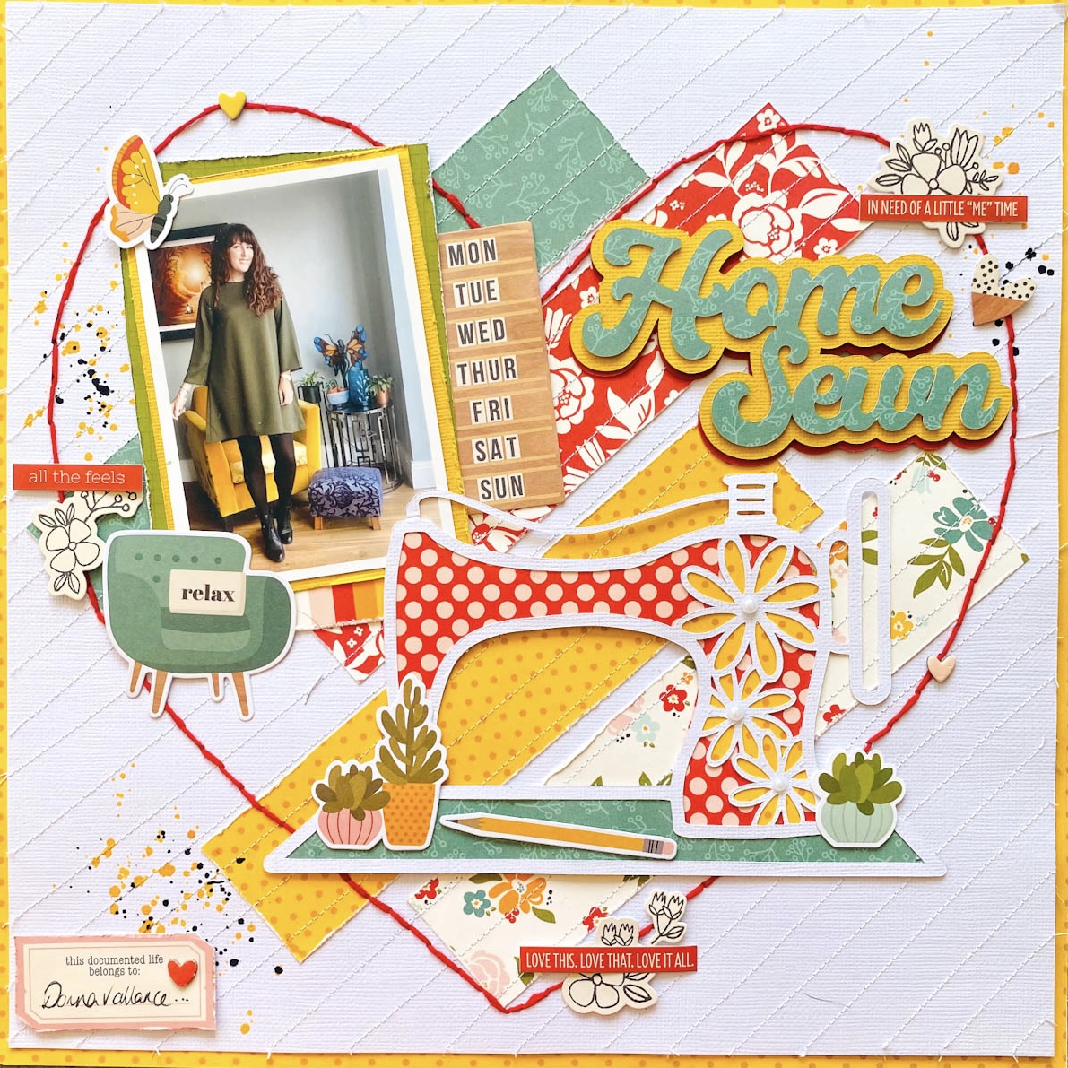 Scrapbooking page with home sewn title and a sewing machine