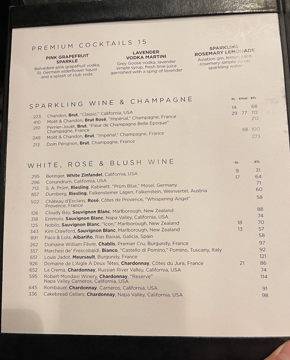 Wines menu Royal Caribbean Star of the seas
