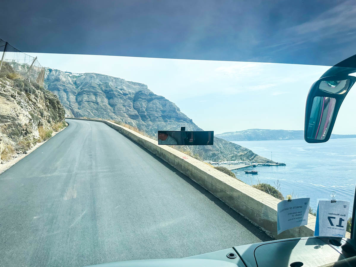 bus route up Athinios port coach up hill in Santorini cruise port