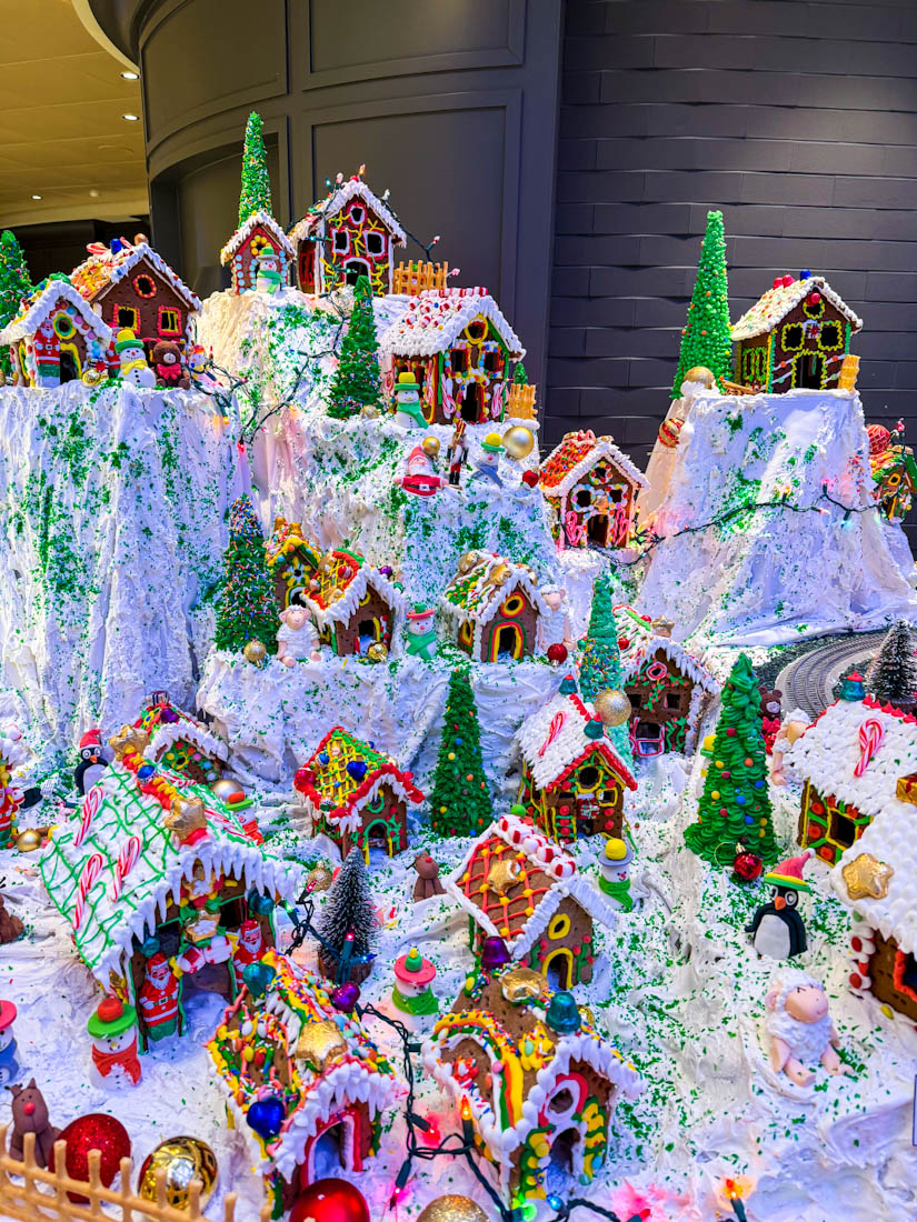 Norwegian Encore decorated for Christmas with gingerbread decorations