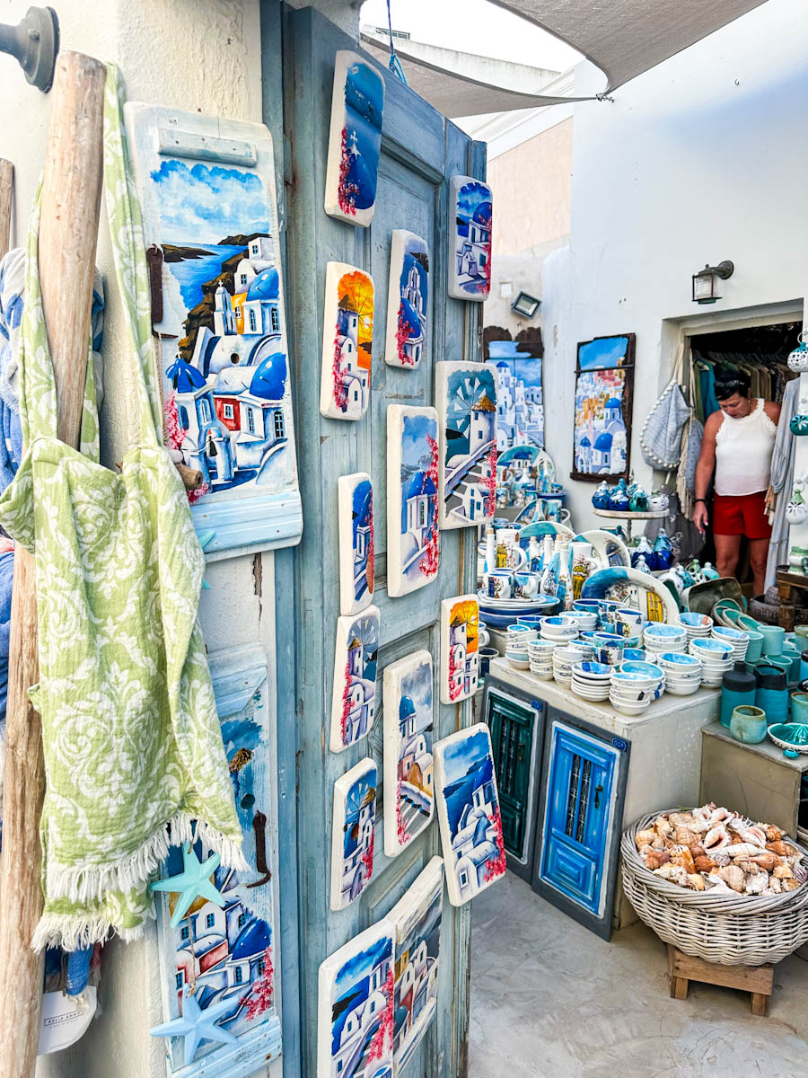 Oia Santorini souvenirs and plaques in a shop