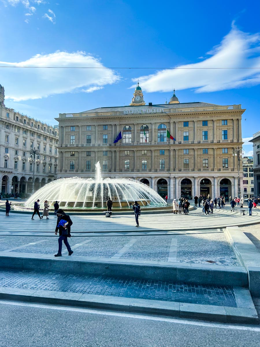 Piazza del Ferrari and the Genoa fountain, Italy.