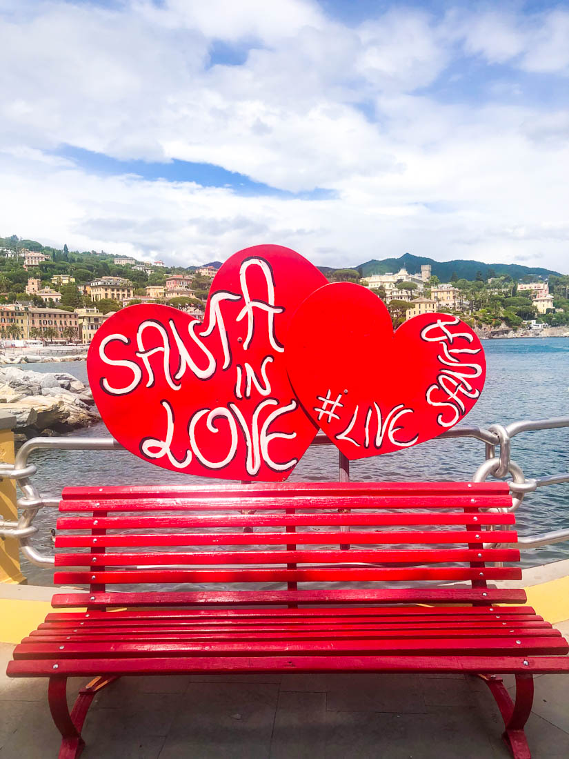 Santa Margherita red love heart bench by the sea. Santa in Love 