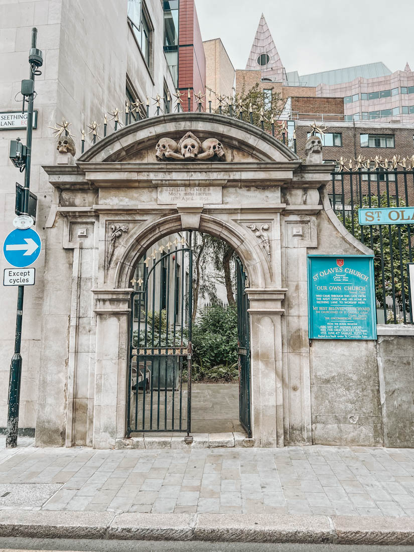 St Olaves church in London with skulls above the door