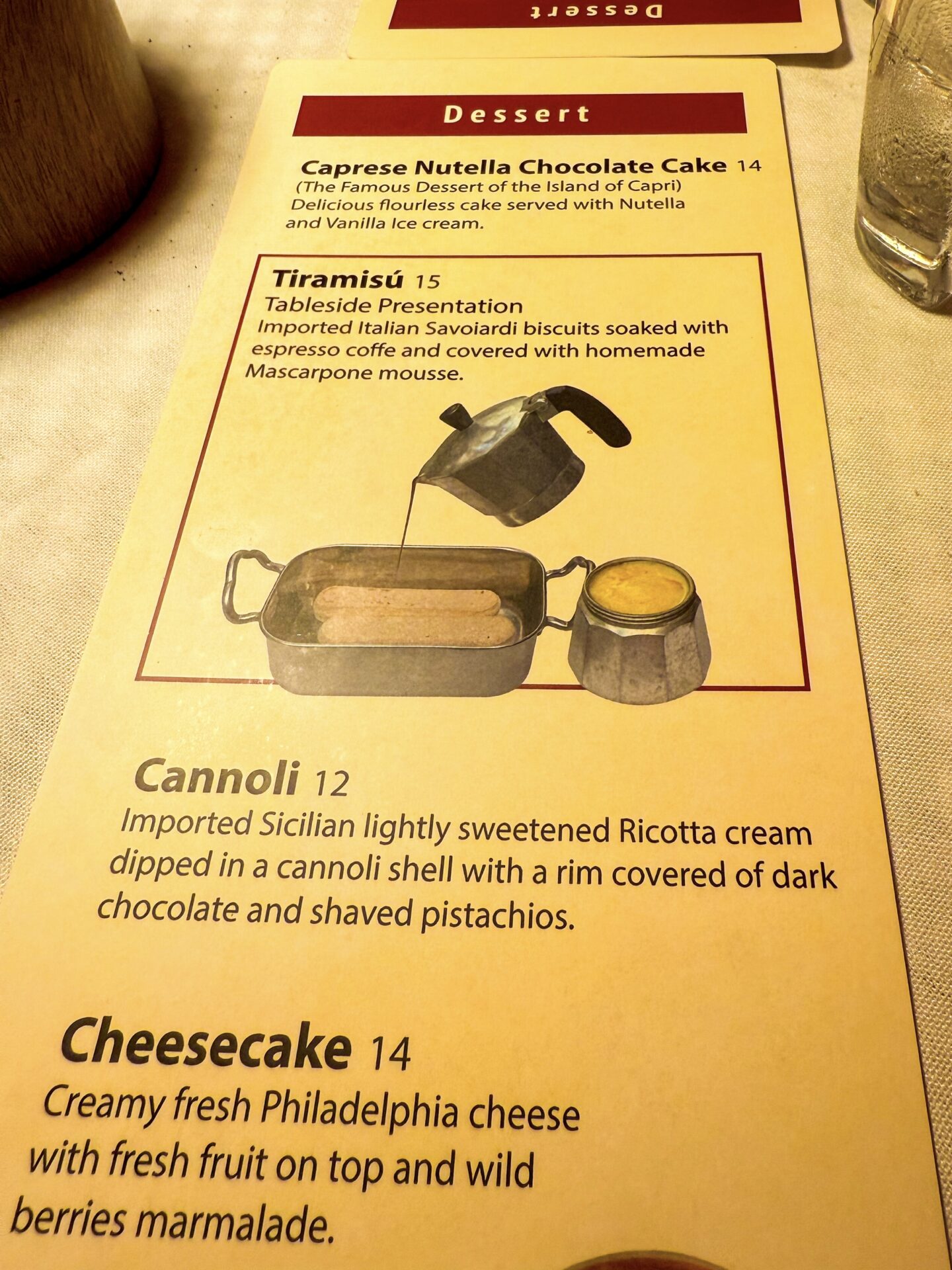 Il Pastaiolo Italian Restaurant dessert menu