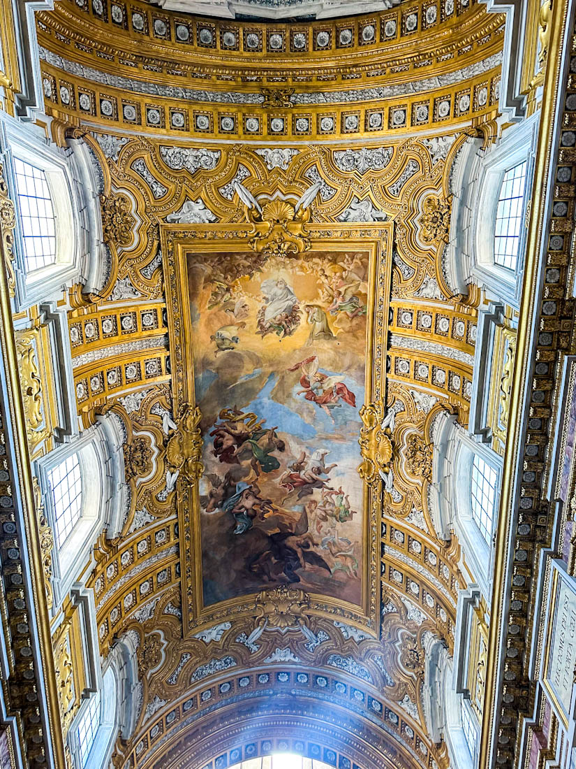 The stunning ceiling of the Basílica de los Santos Ambrosio y Carlos en el Corso Rome