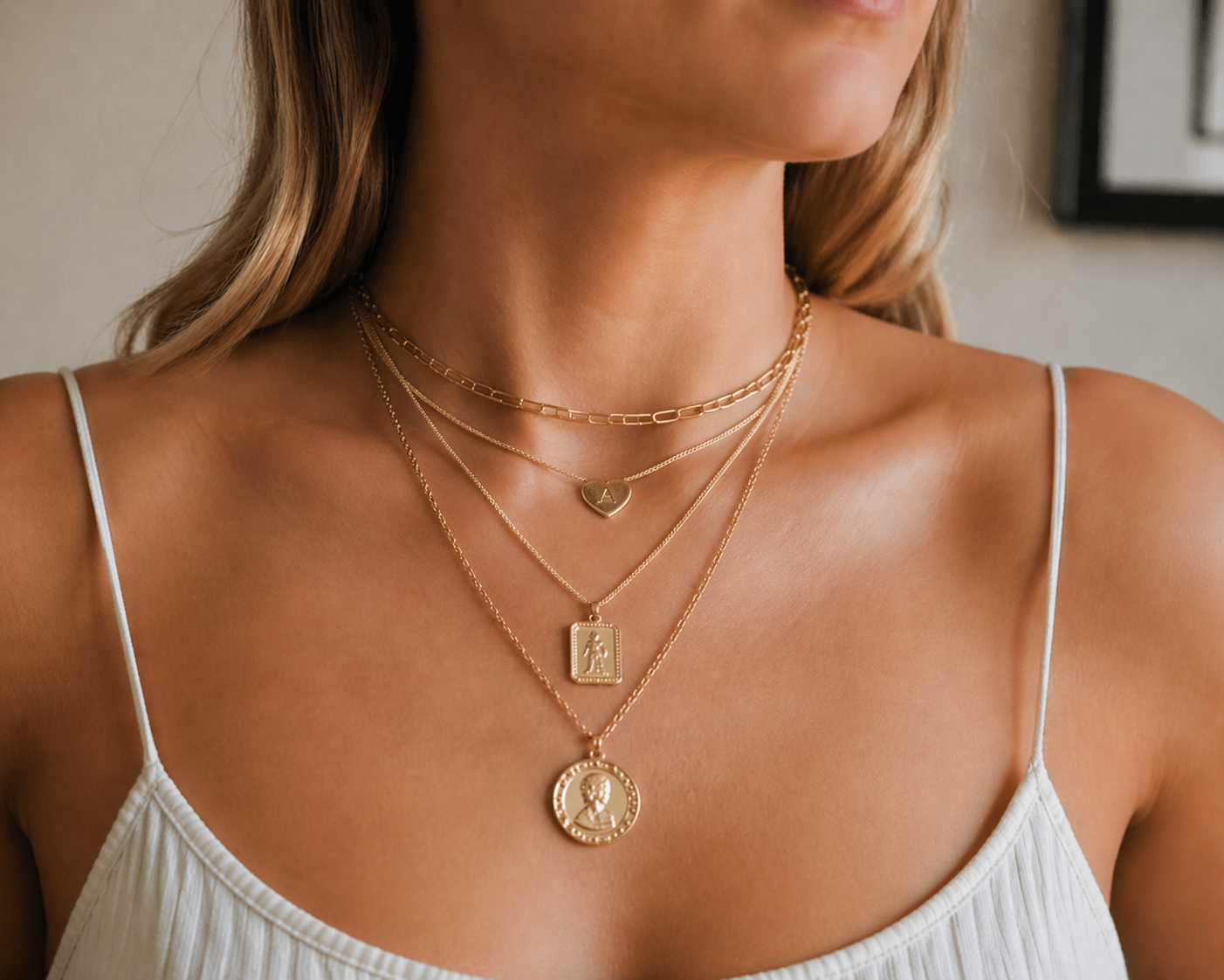 woman wearing stacked layered necklaces