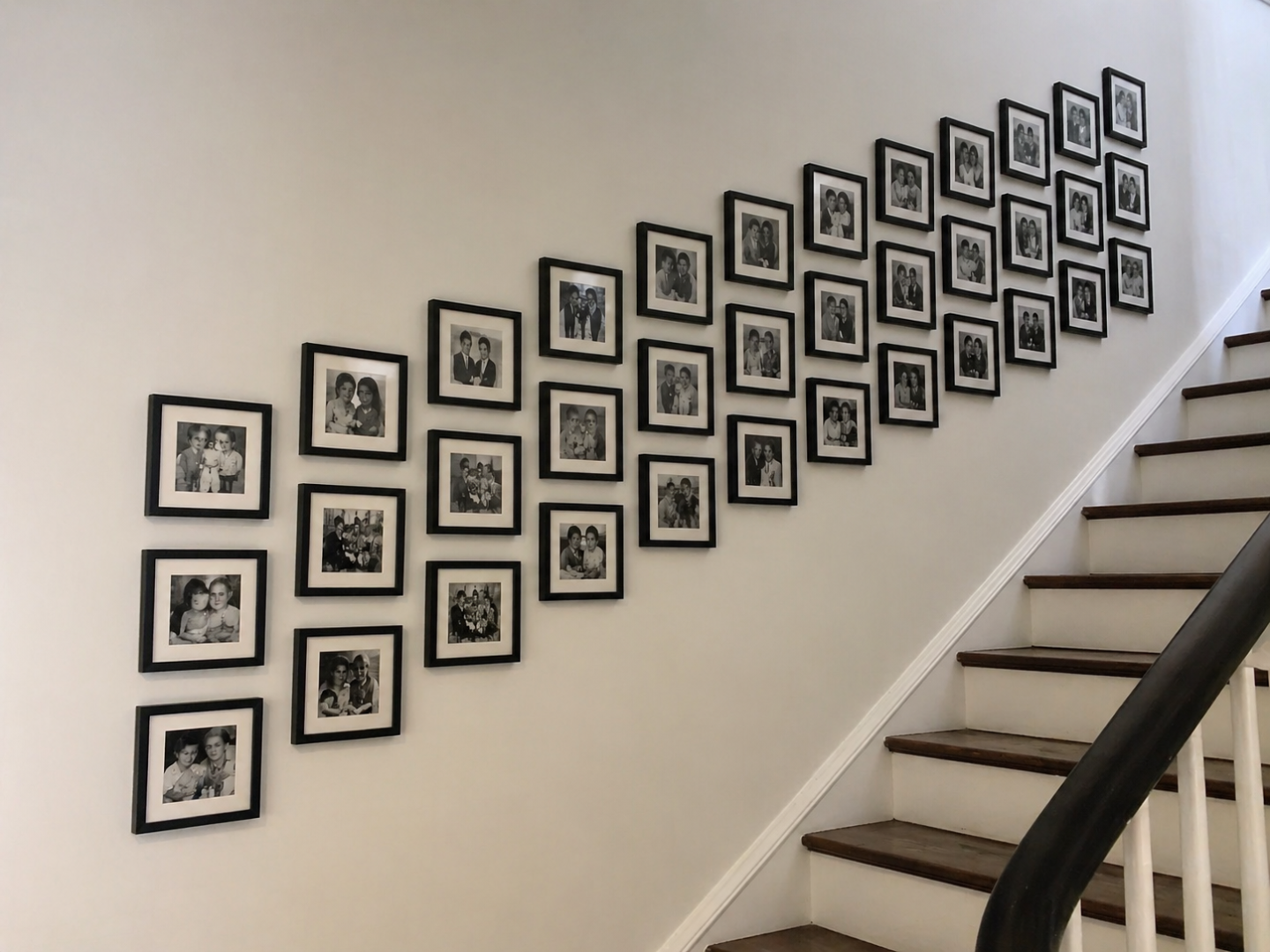 mixtiles on a wall going up the stairs 