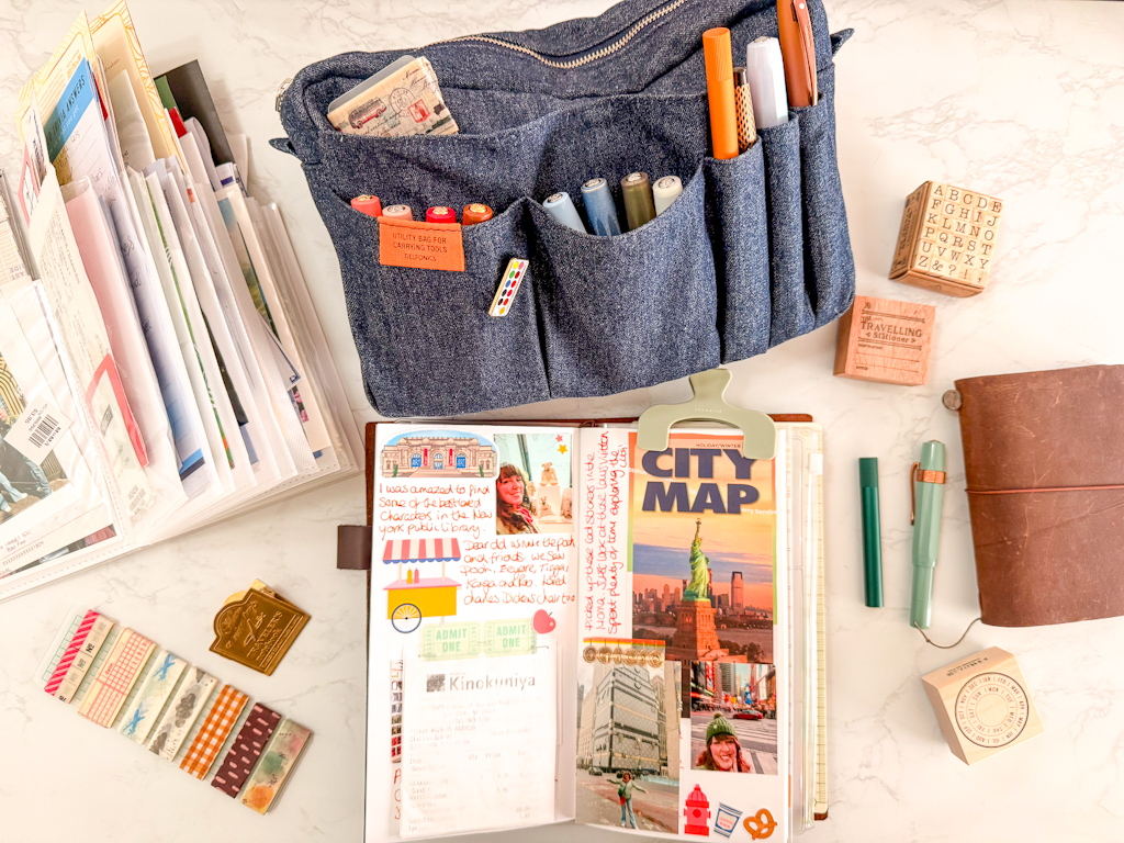 Small travel journal bag and travellers notebook laid in a table