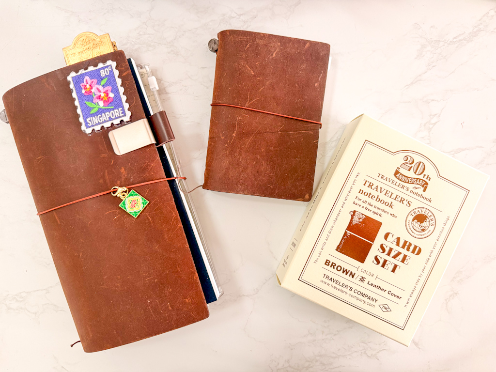 3 sizes of travellers notebook in camel regular, passport and card size