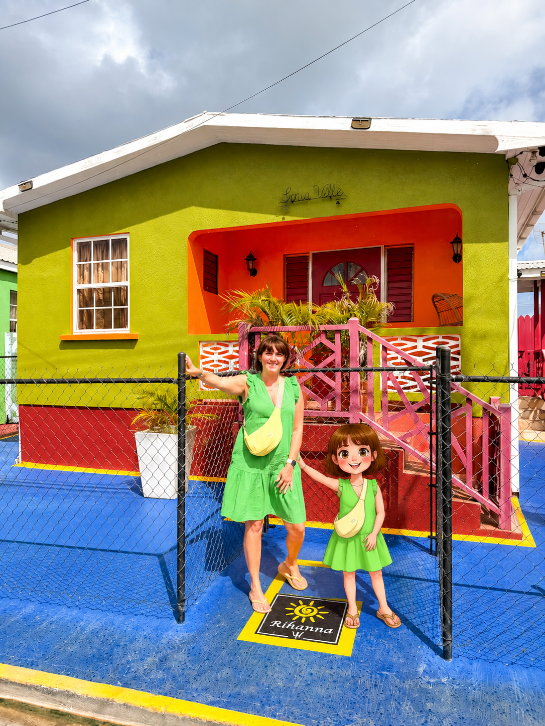 Mini-me viral trend photo in Barbados outside Riannas House, photo taken with an added AI mini me, Photo credit Donna Vallance and added AI