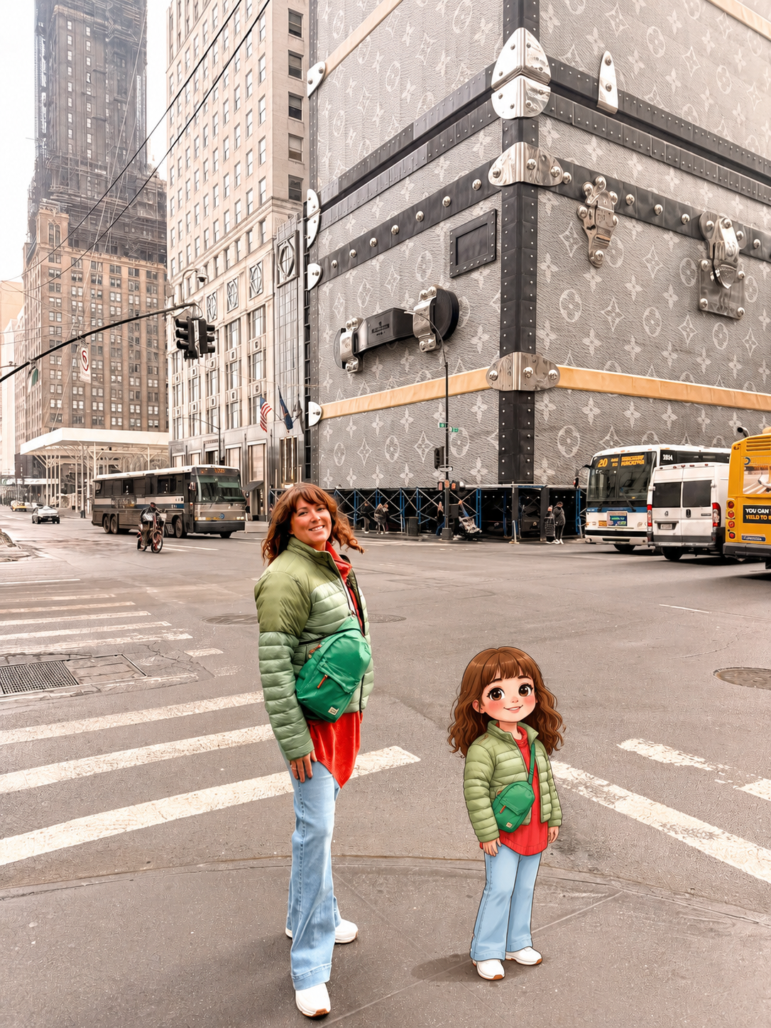 Mini-me viral trend photo in New York photo taken with an added AI mini me, Photo credit Donna Vallance and added AI